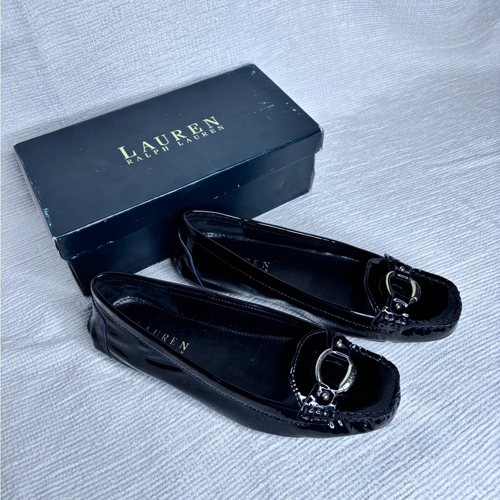Lauren Ralph Lauren Cadance Soft Black Patent Leather Loafer Flats w/ Bit Detail
